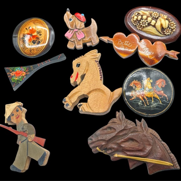 Jewelry - Vintage Wooden Brooch Set with Animal and Floral Designs